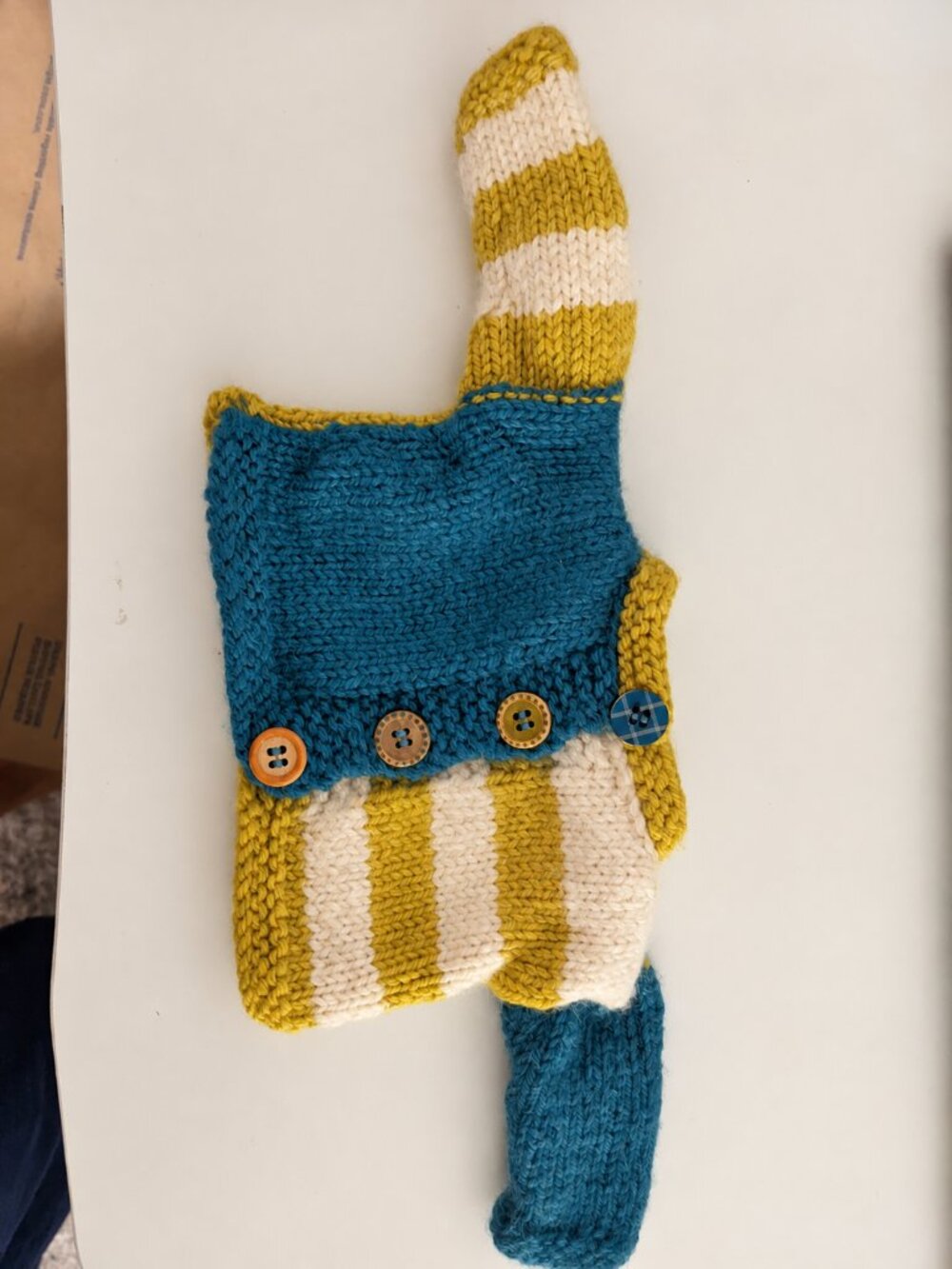 Handmade Knit Teddy Bear Sweater Blue Yellow Cream Button Front